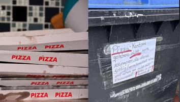 „Bitte in den Restmüll!!" - Mann regt sich über Pizzakartons in Altpapiertonne auf und hängt wütenden Zettel auf